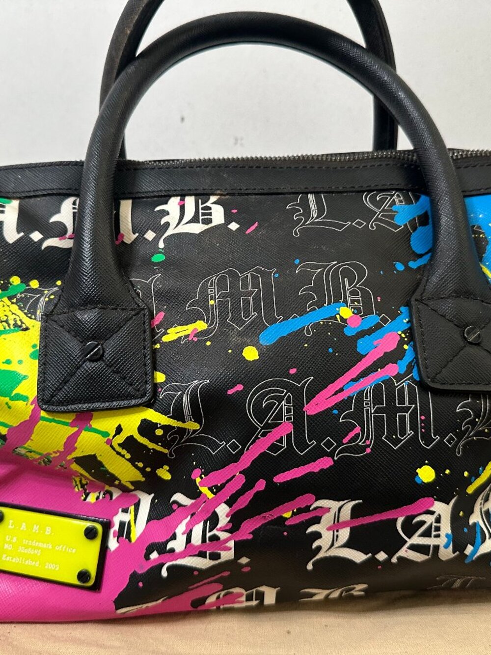 Authentic L.A.M.B. Gwen Stefani Y2K Graffiti Paint Splatter Bowling Satchel Bag